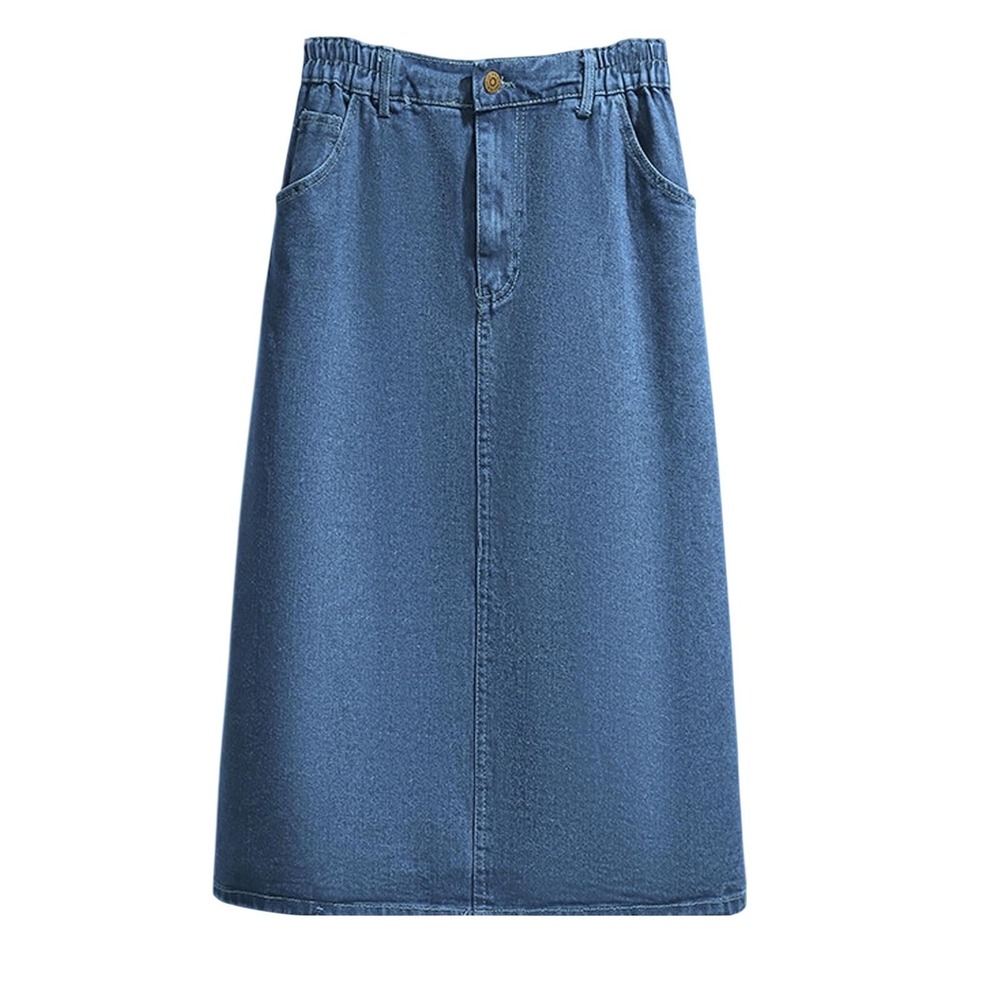 Chartou Denim Midi Skirt Elastic Back Slit Women Size M Medium Blue Casual